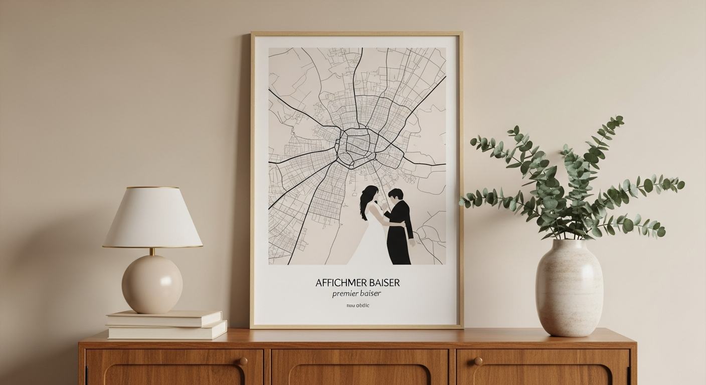 Affiche premier baiser : Créez la carte personnalisée du lieu de votre rencontre