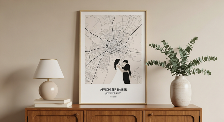 Affiche premier baiser : Créez la carte personnalisée du lieu de votre rencontre