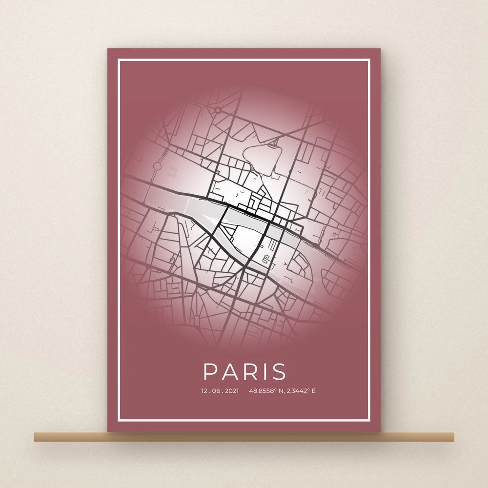 Poster carte personnalisée de Paris, fond vieux rose