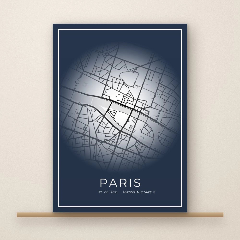 Poster carte personnalisée de Paris, fond bleu marine