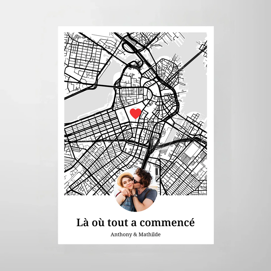 Affiche personnalisée carte de ville avec photo de couple en médaillon