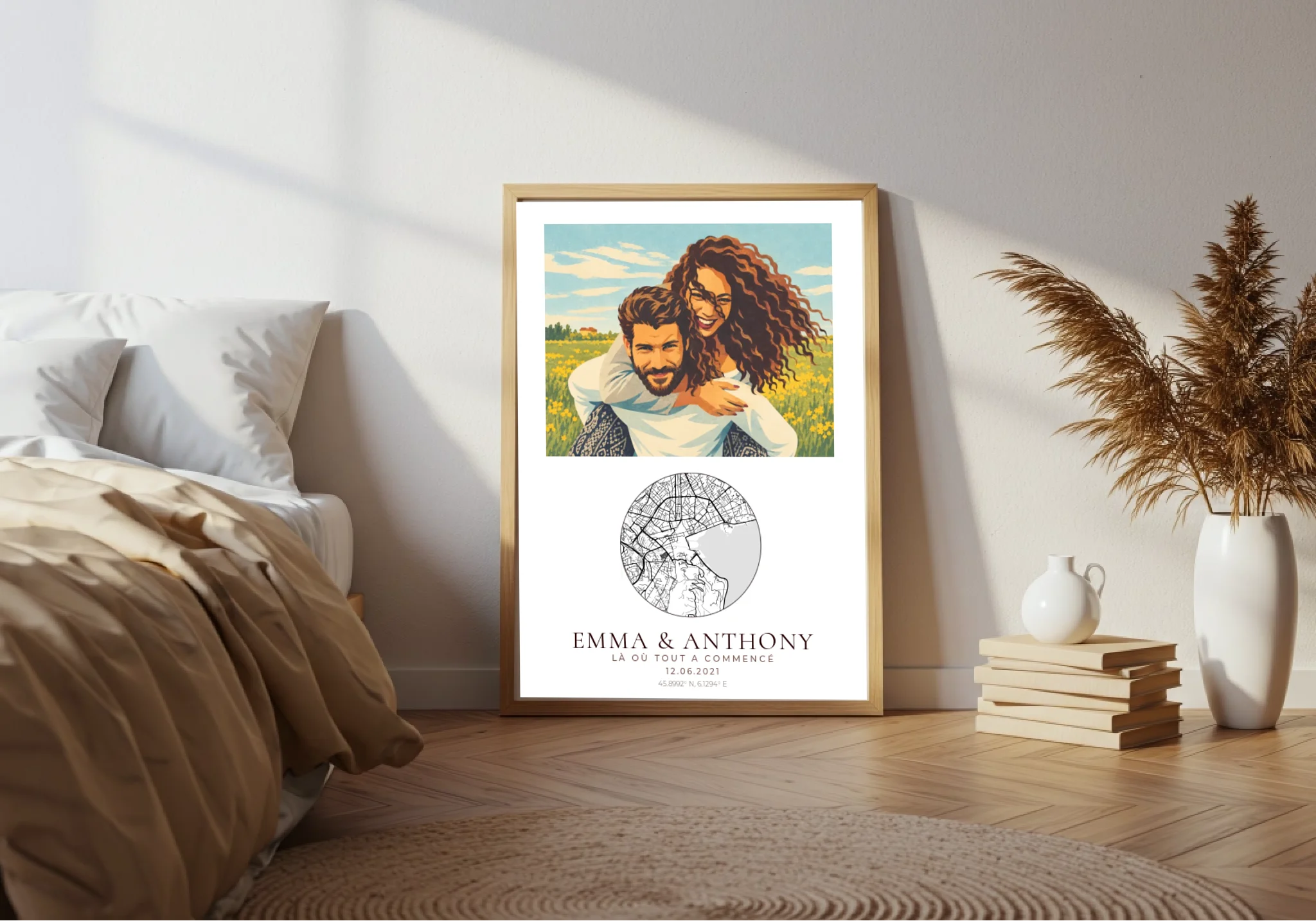 Affiche couple néo-vintage en cadre bois A4 dans un intérieur