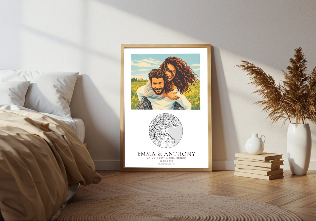 Affiche couple néo-vintage en cadre bois A4 dans un intérieur