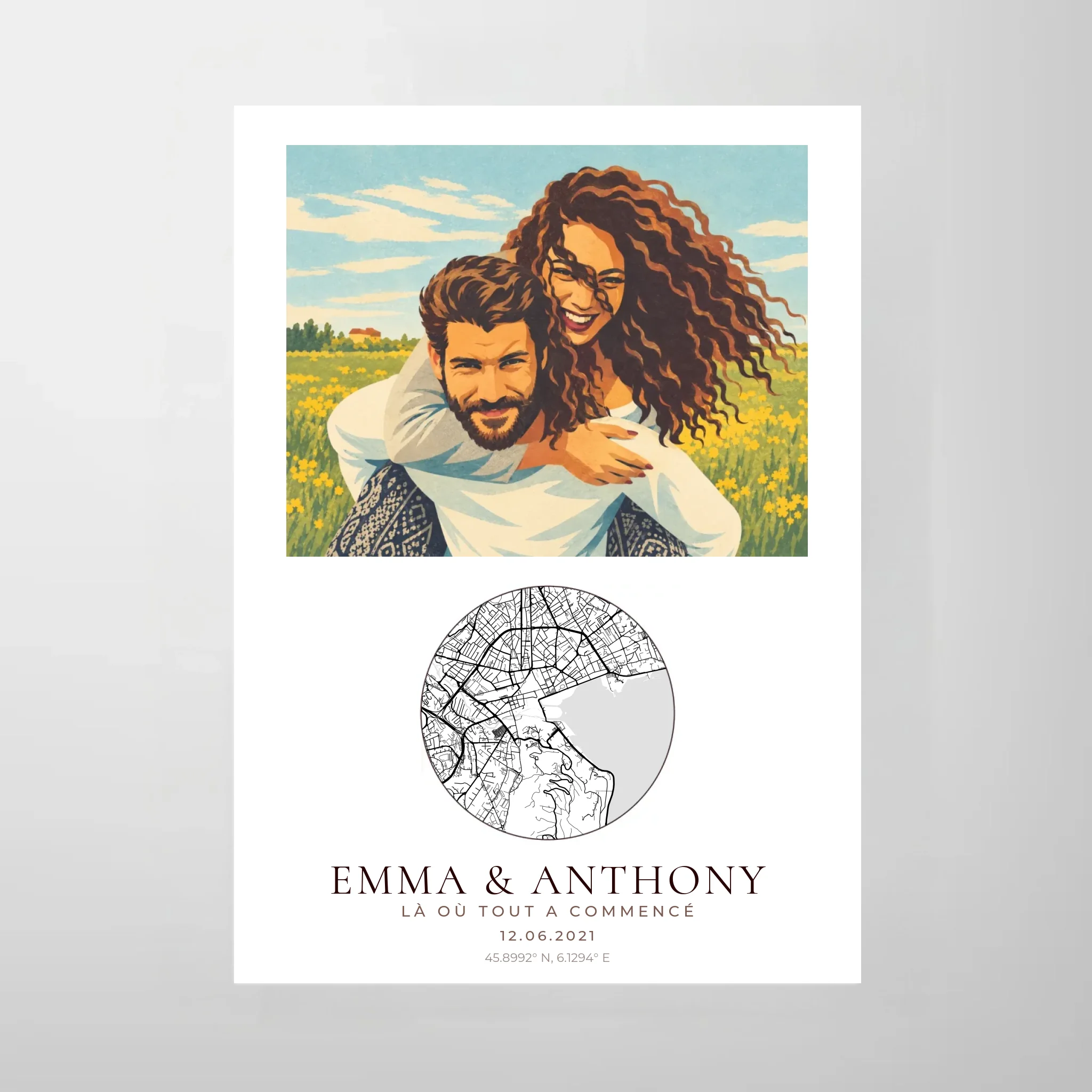 Affiche couple illustrée néo-vintage personnalisée, fichier numérique A4