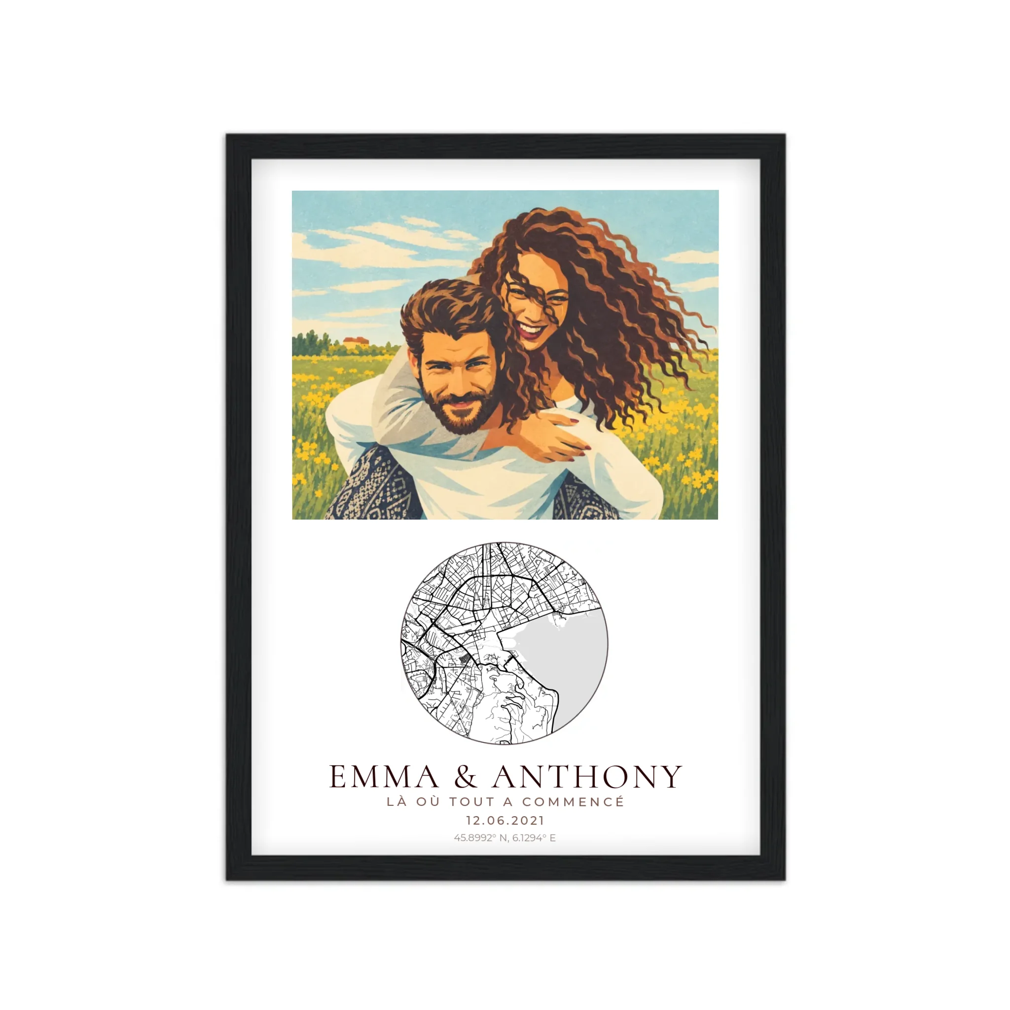 Affiche couple illustrée néo-vintage personnalisée, cadre noir A4