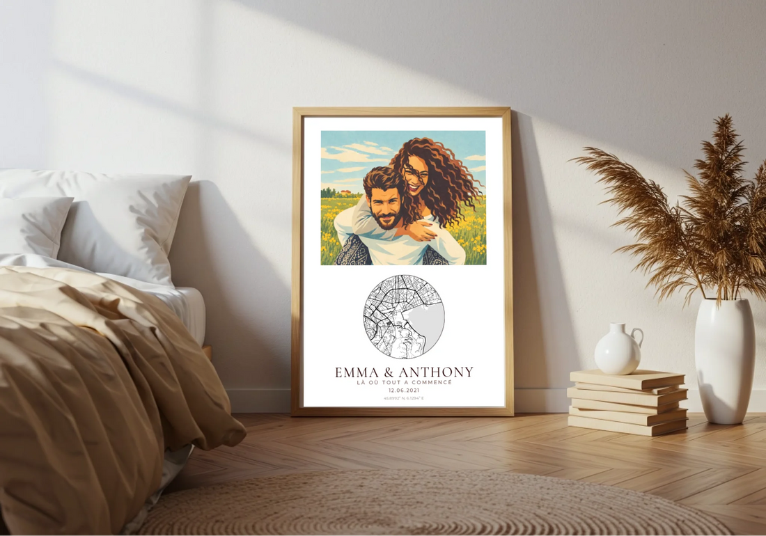 Affiche couple néo-vintage en cadre bois A3 dans un intérieur