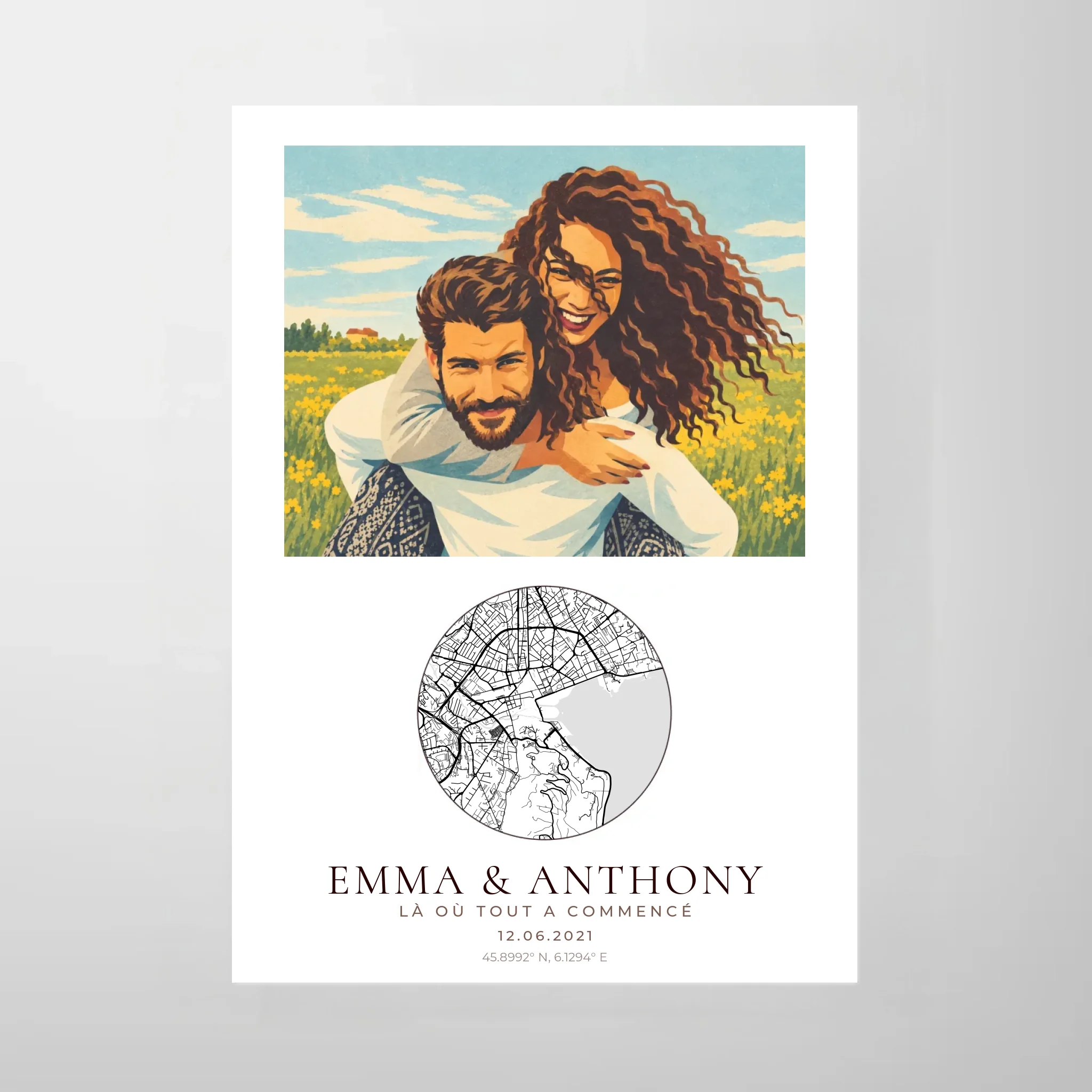 Affiche couple illustrée néo-vintage personnalisée, fichier numérique A3