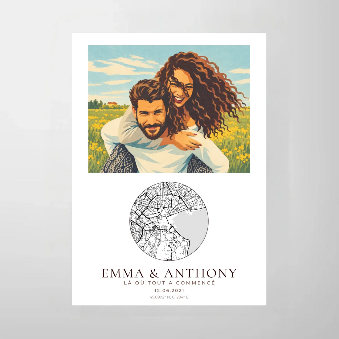 Affiche couple illustrée néo-vintage personnalisée, fichier numérique A3