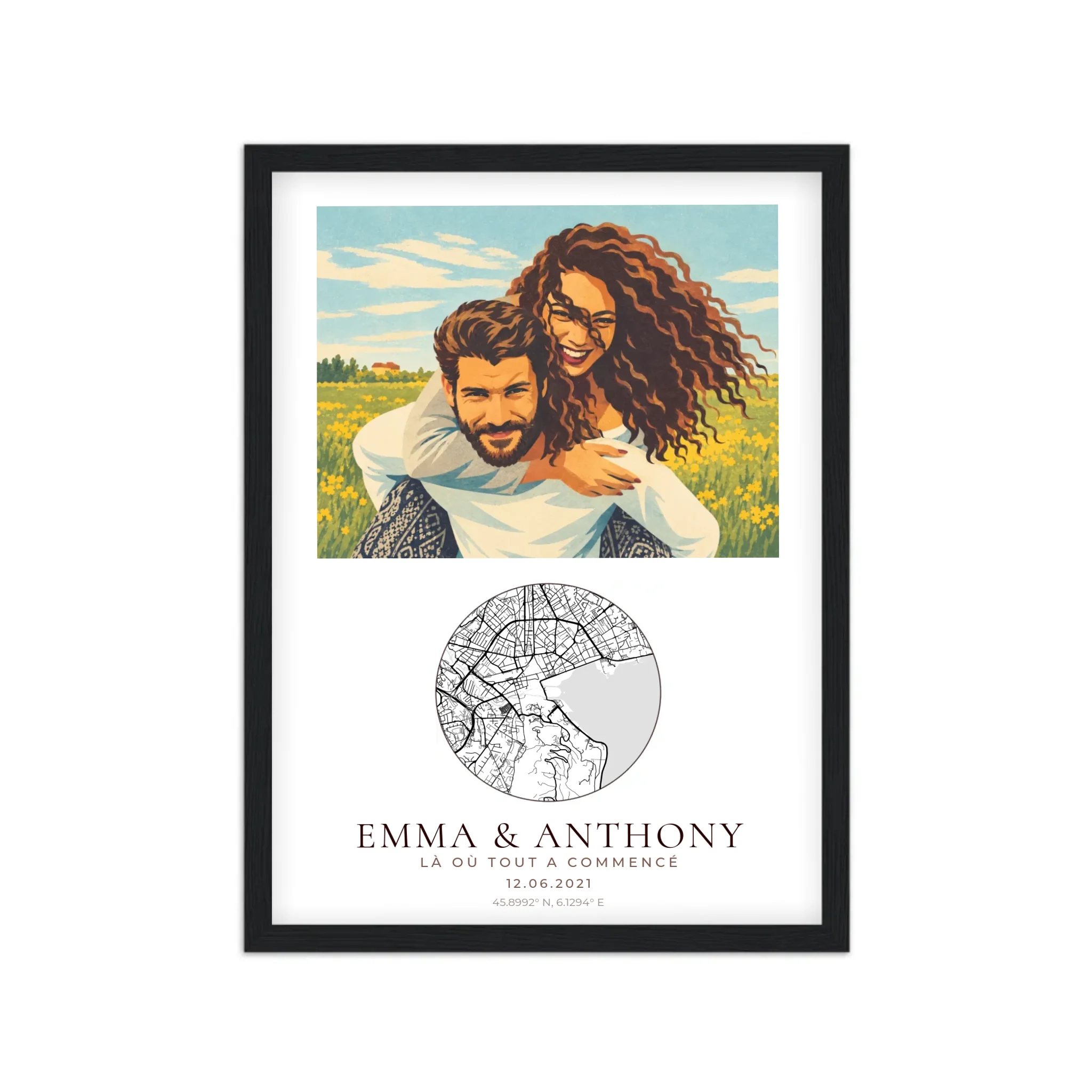 Affiche couple illustrée néo-vintage personnalisée, cadre noir A3