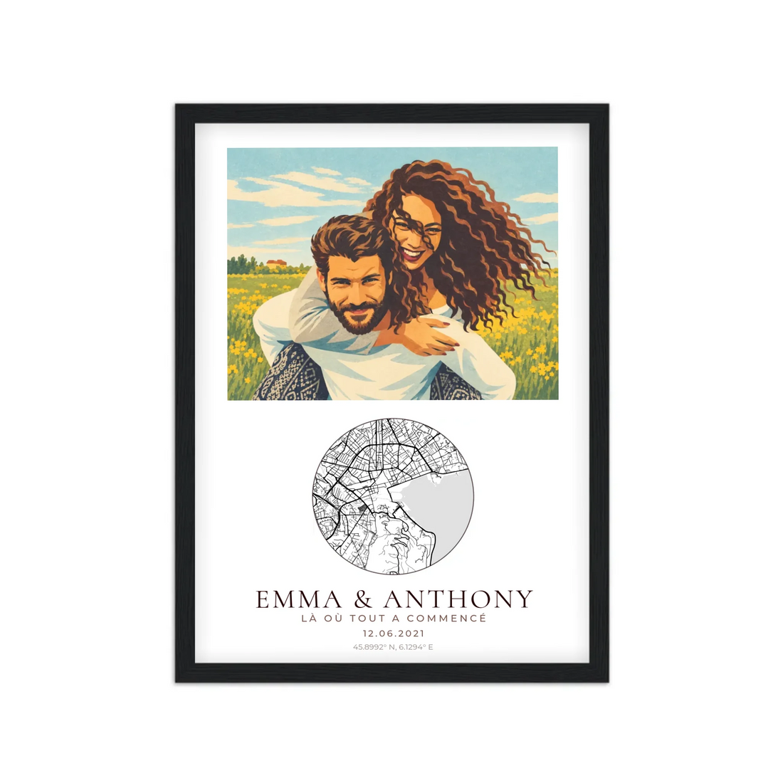 Affiche couple illustrée néo-vintage personnalisée, cadre noir A3