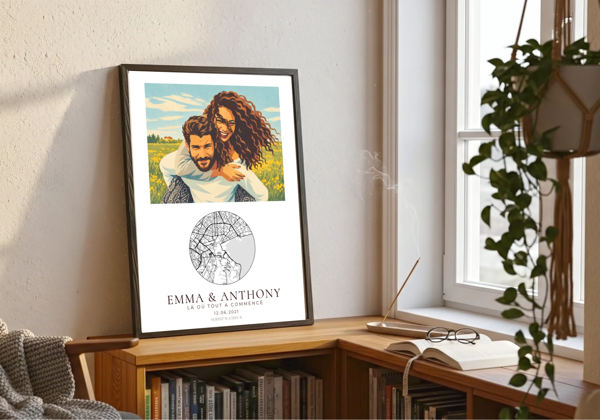 Affiche couple néo-vintage en cadre noir 50x70 dans un intérieur