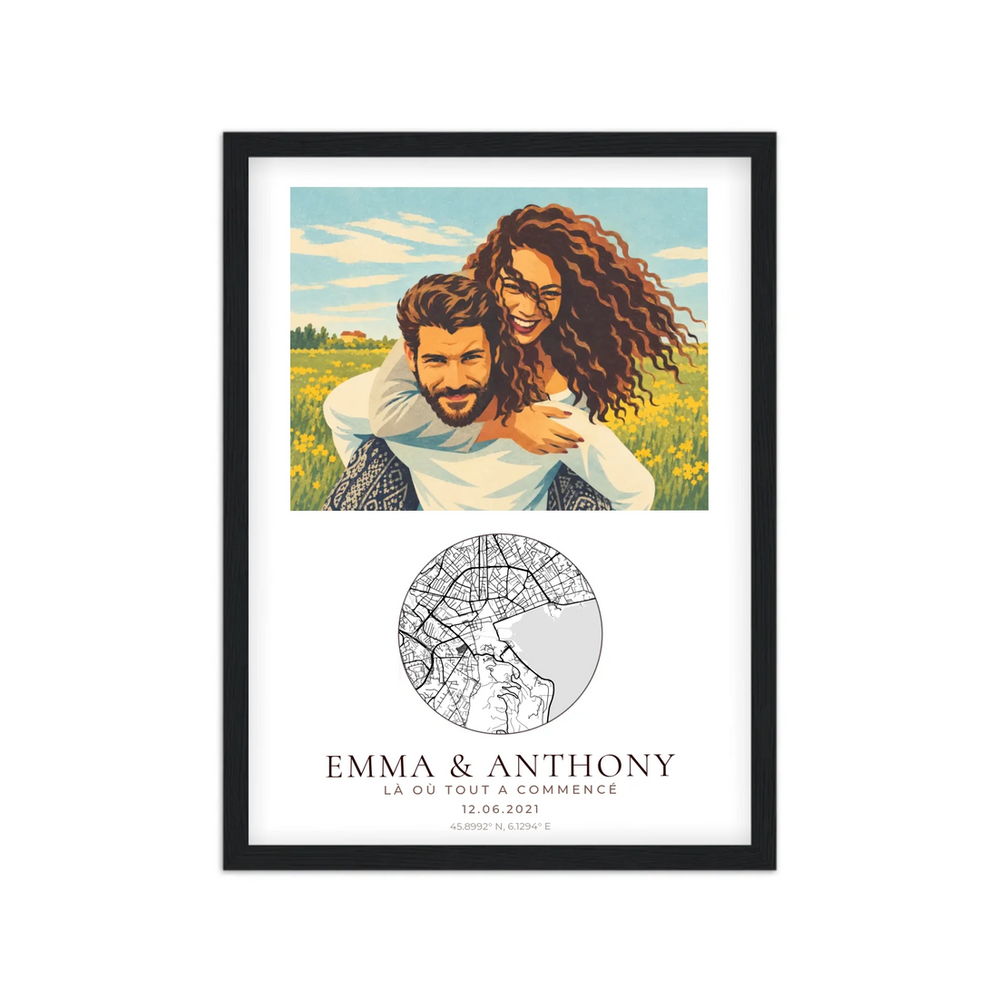 Affiche couple illustrée néo-vintage personnalisée, cadre noir 50x70