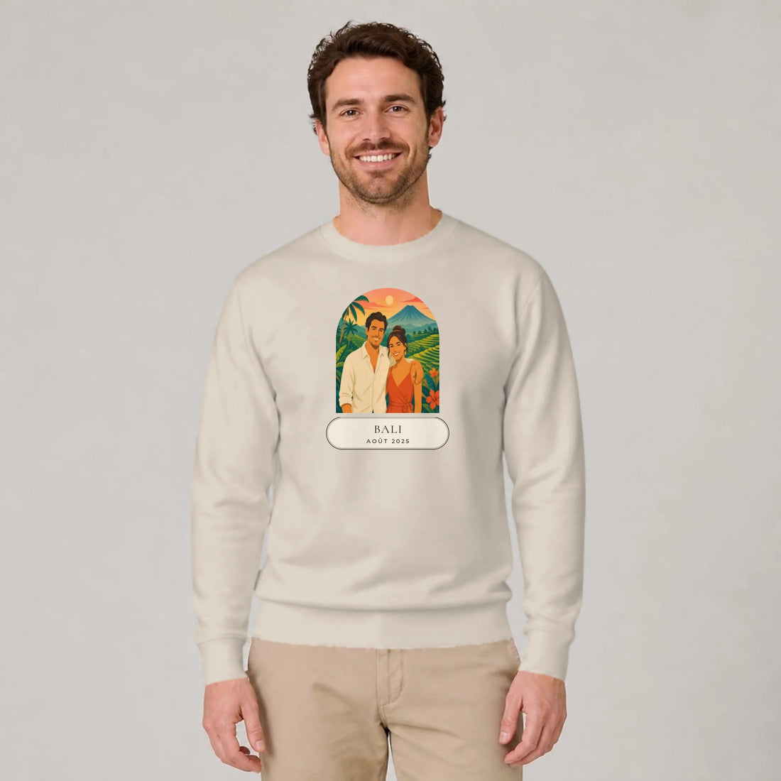 Sweat souvenir de voyage personnalisé porté par un homme