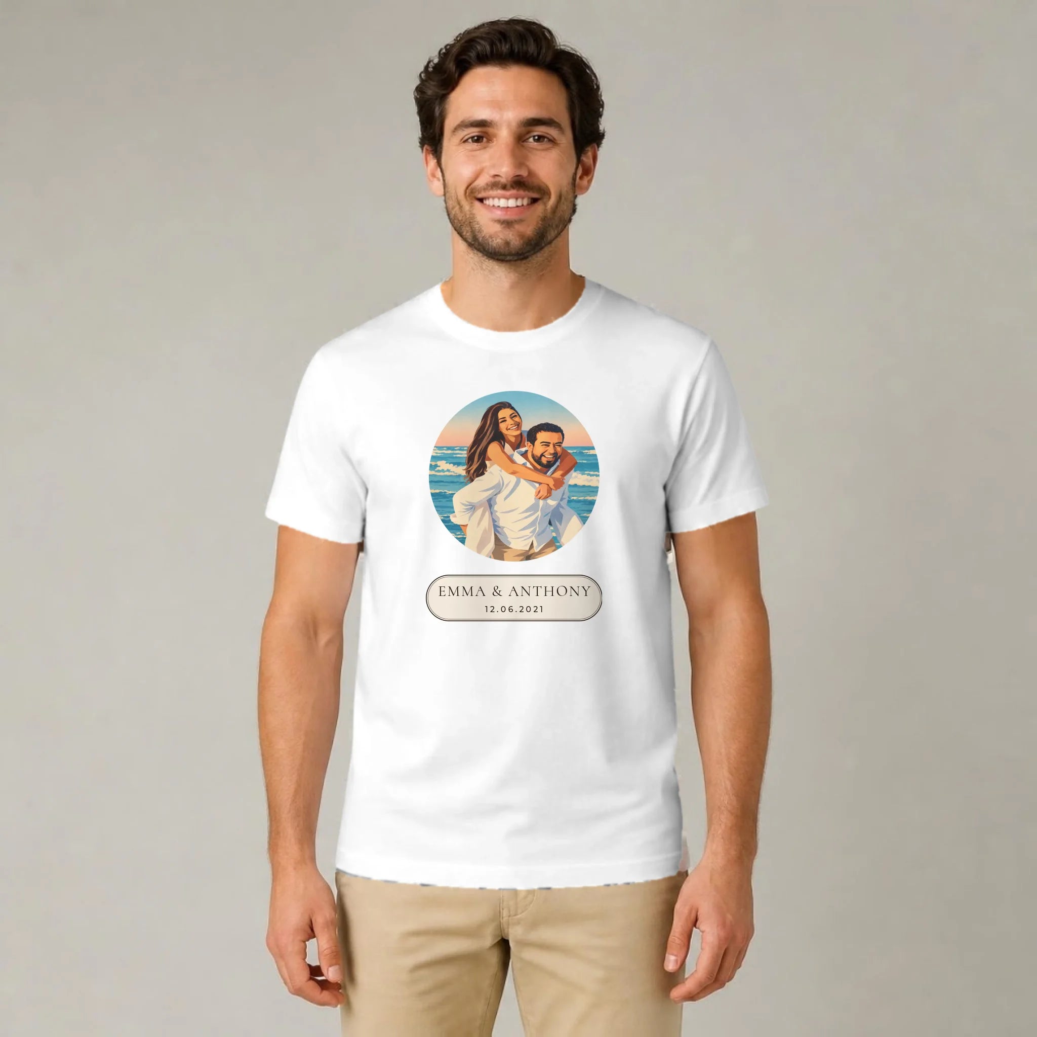 T-shirt couple personnalisé porté par un homme