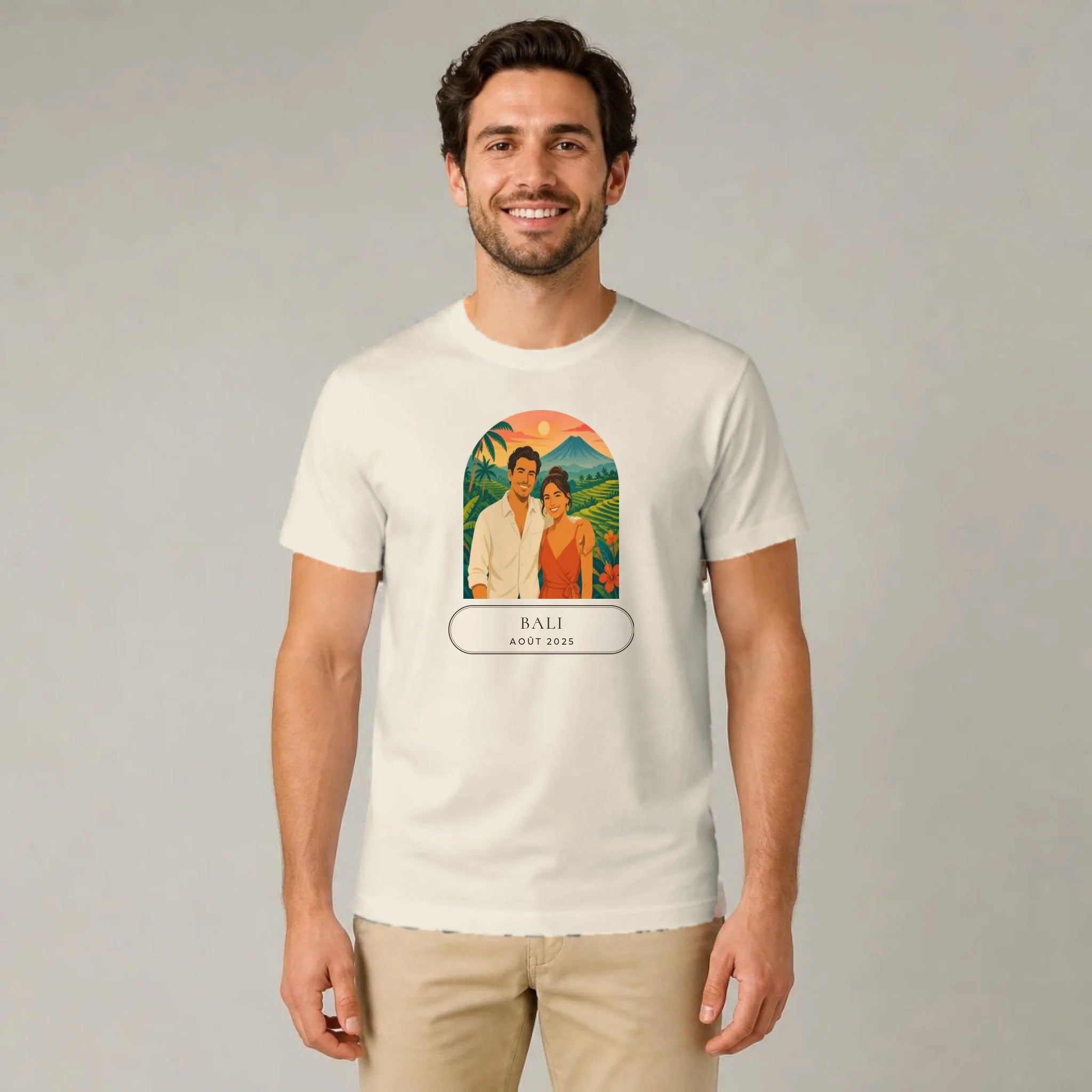 T-shirt souvenir de voyage personnalisé porté par un homme