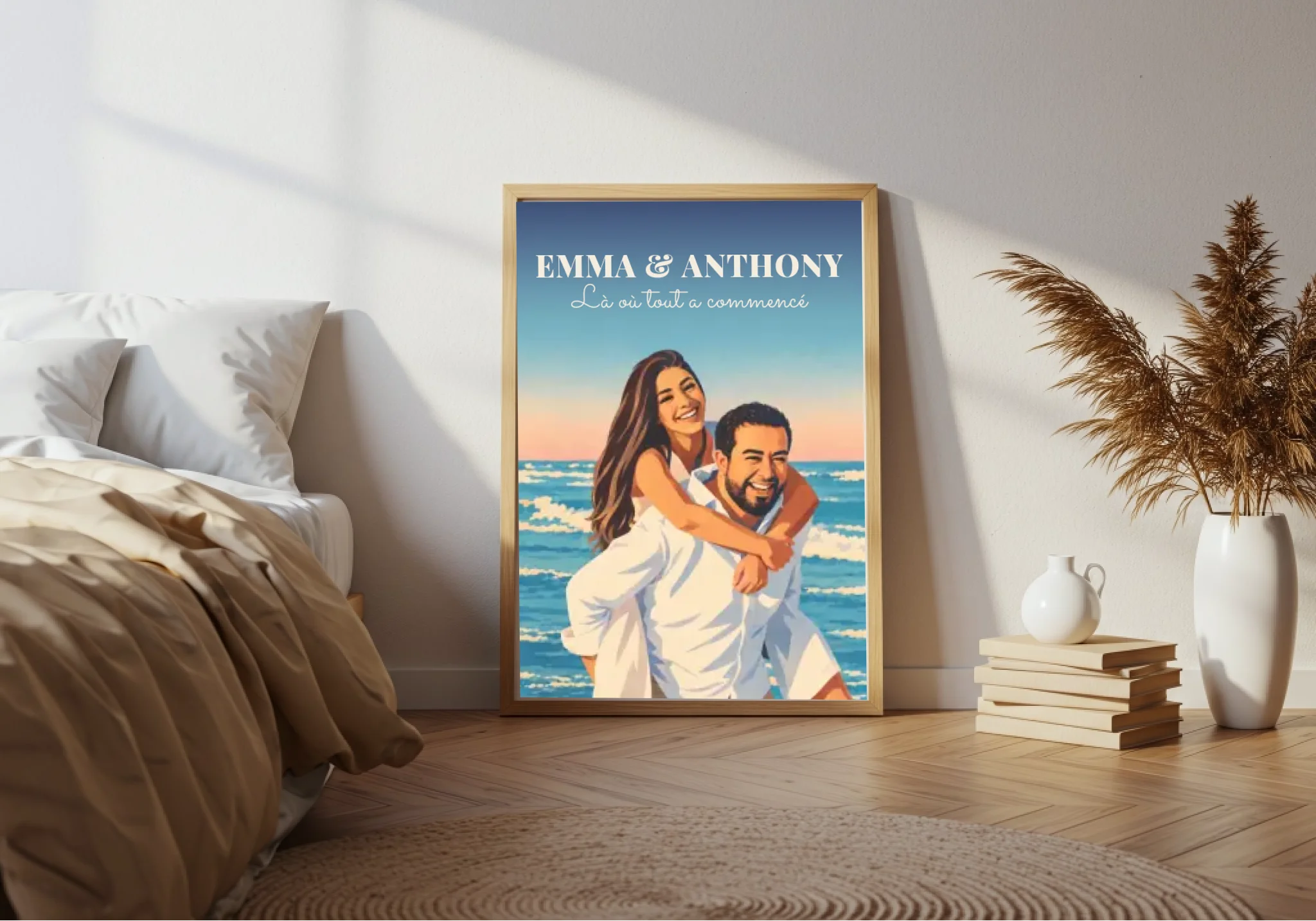Affiche couple néo-vintage en cadre bois A4 dans un intérieur