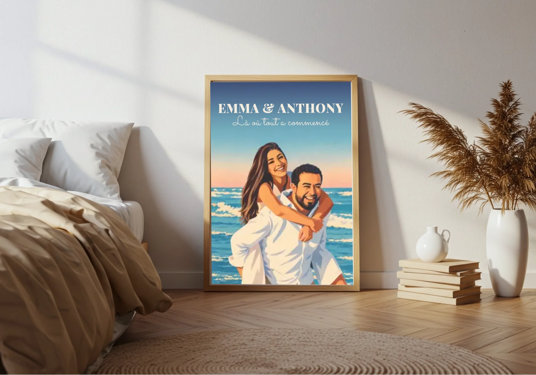 Affiche couple néo-vintage en cadre bois A4 dans un intérieur