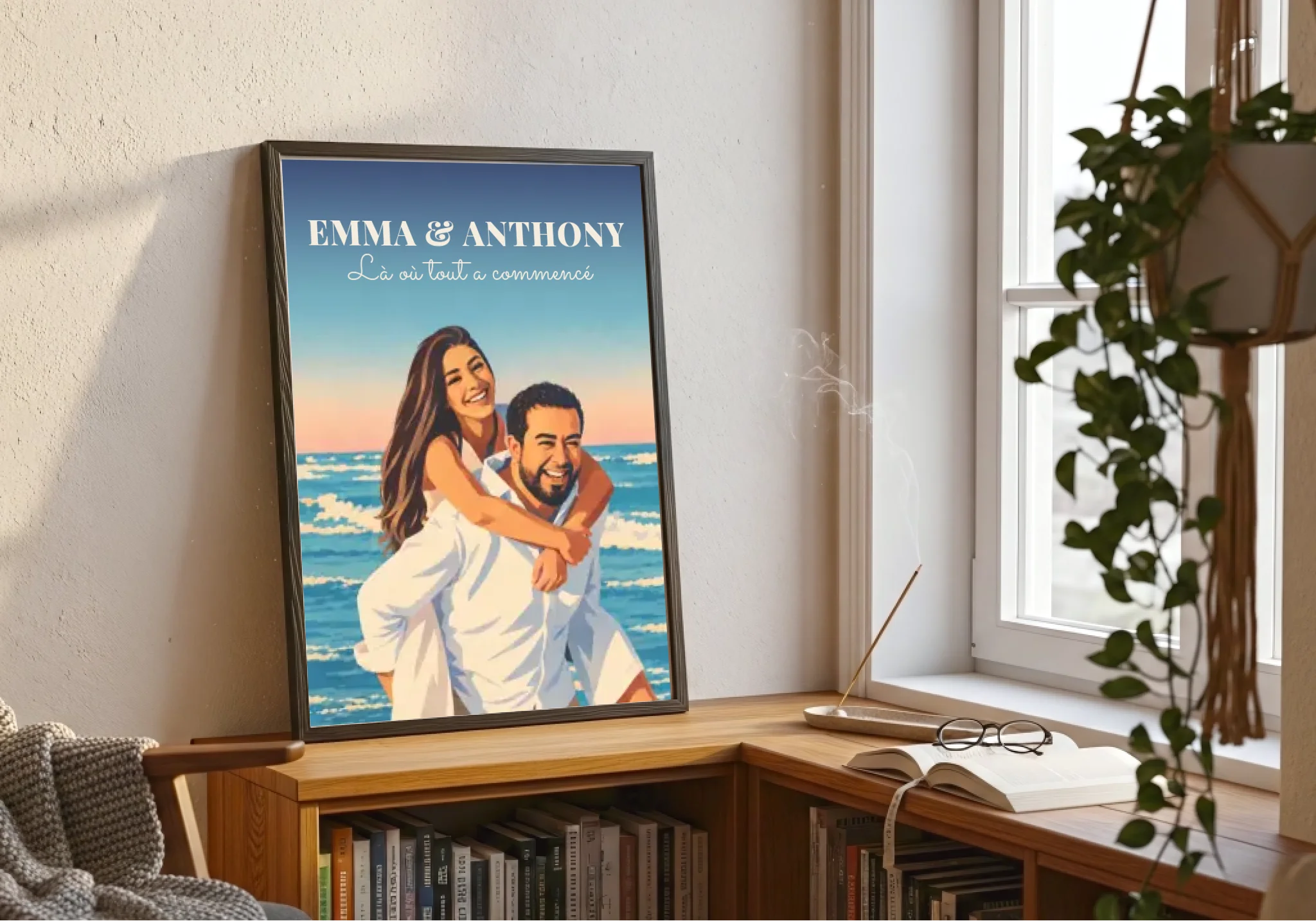 Affiche couple néo-vintage en cadre noir A4 dans un intérieur