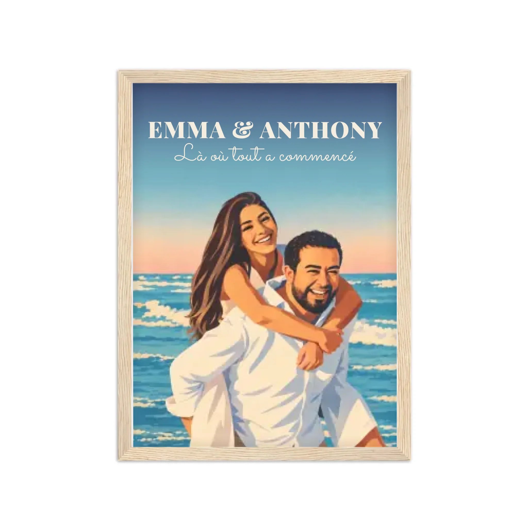 Affiche couple illustrée néo-vintage personnalisée, cadre bois A4