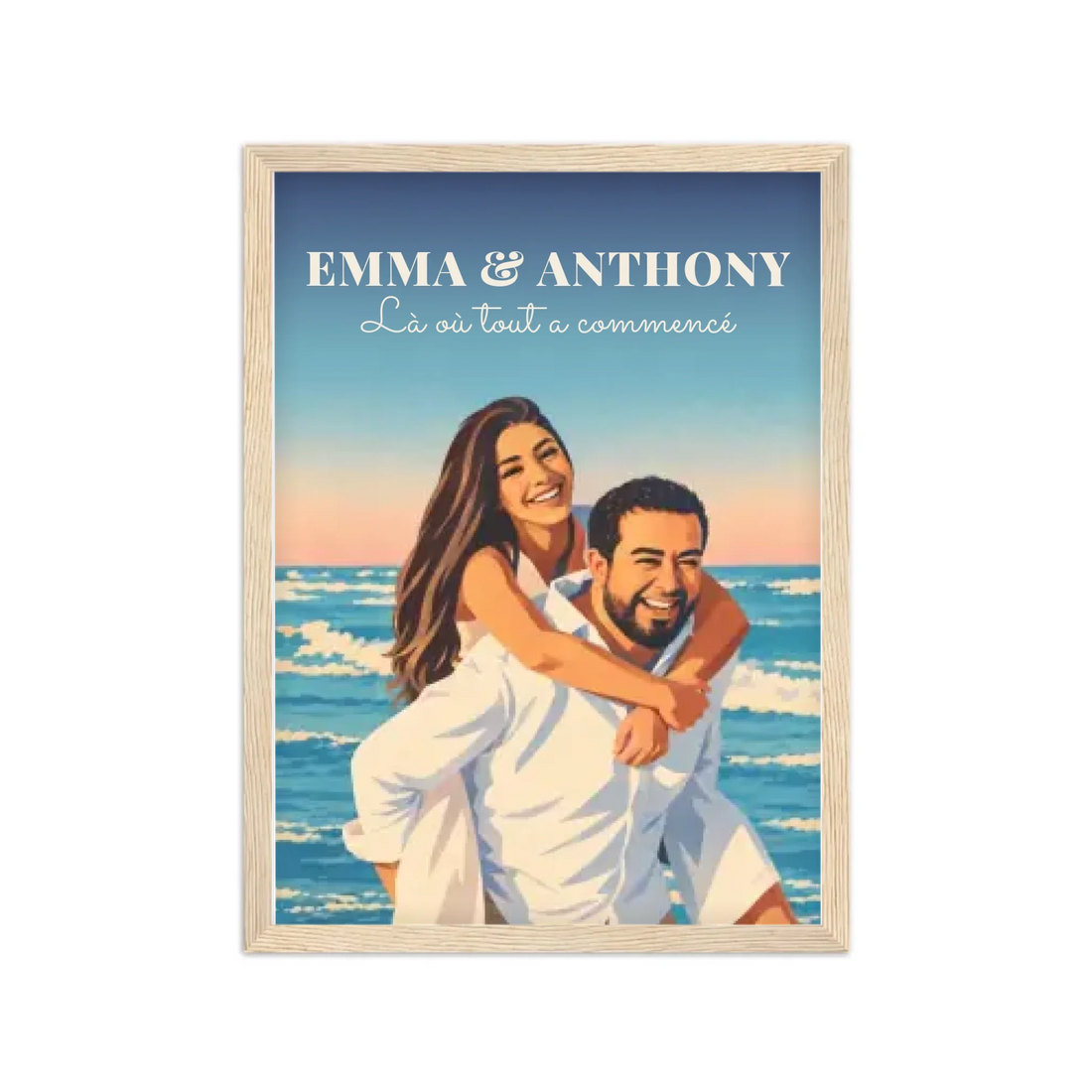 Affiche couple illustrée néo-vintage personnalisée, cadre bois A4