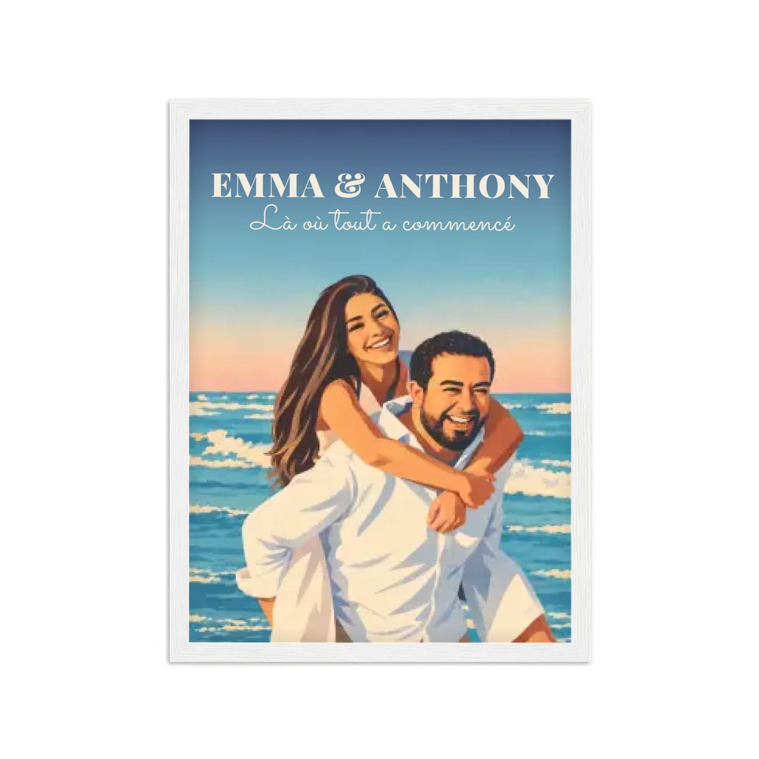 Affiche couple illustrée néo-vintage personnalisée, cadre blanc A4