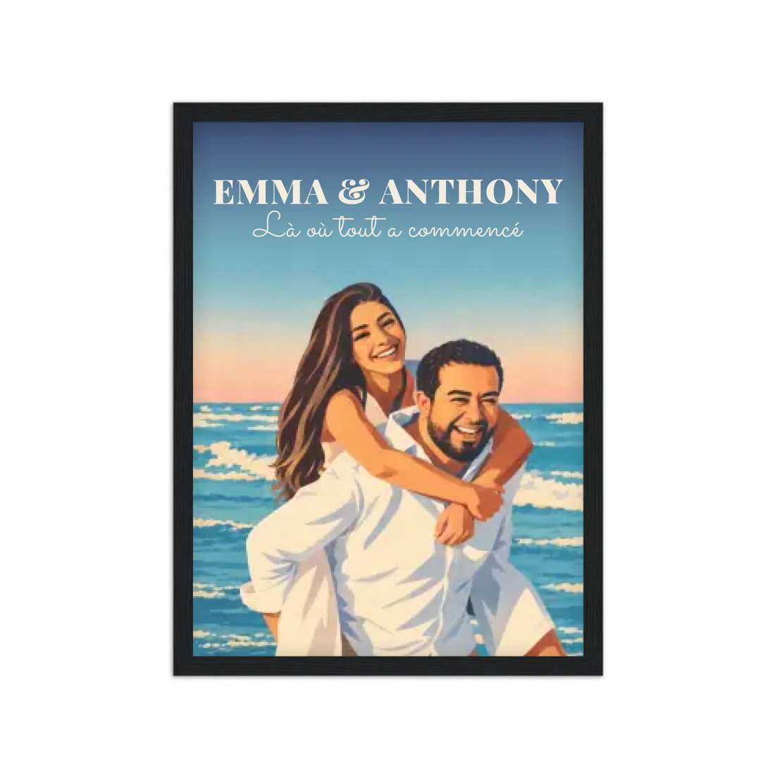 Affiche couple illustrée néo-vintage personnalisée, cadre noir A4