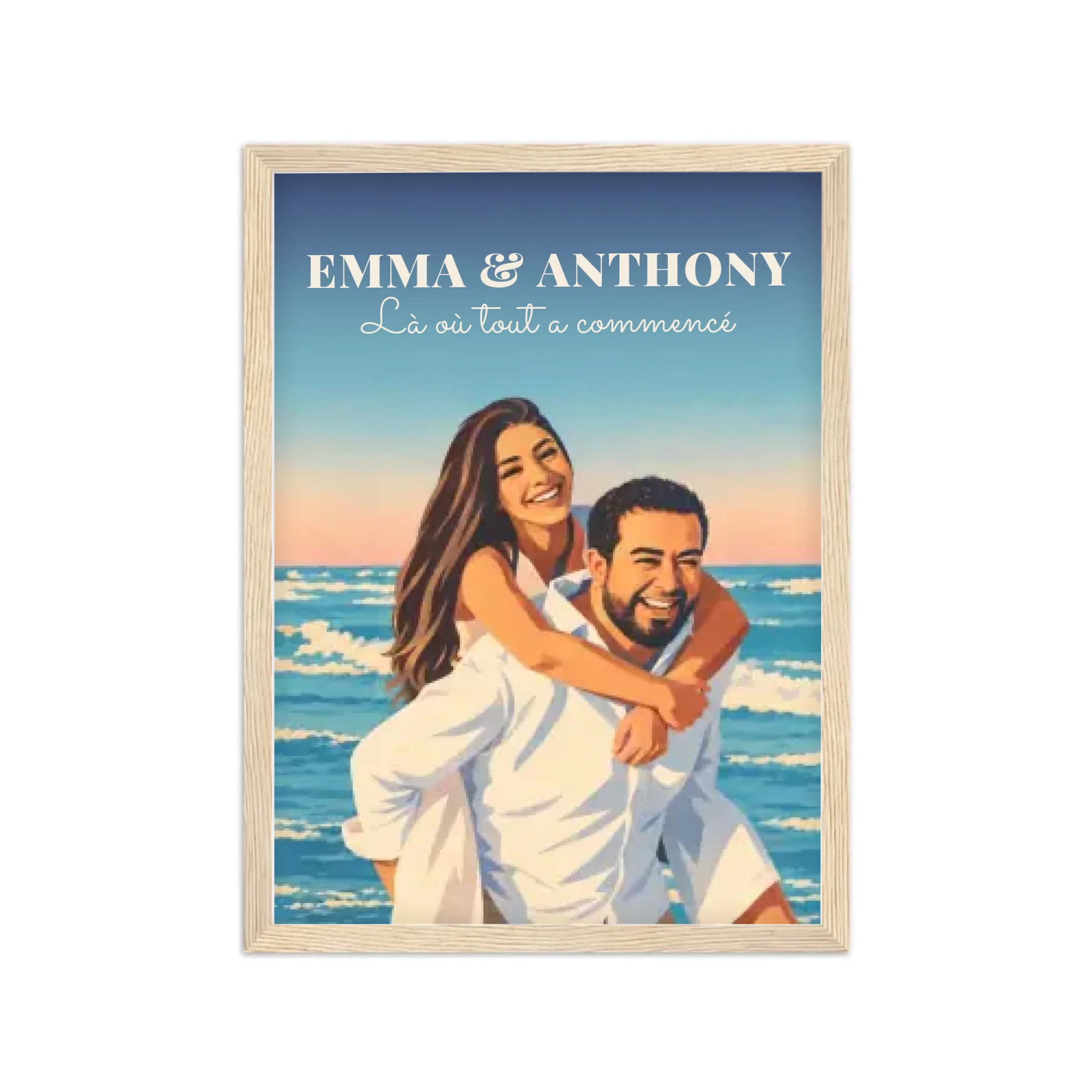 Affiche couple illustrée néo-vintage personnalisée, cadre bois A3