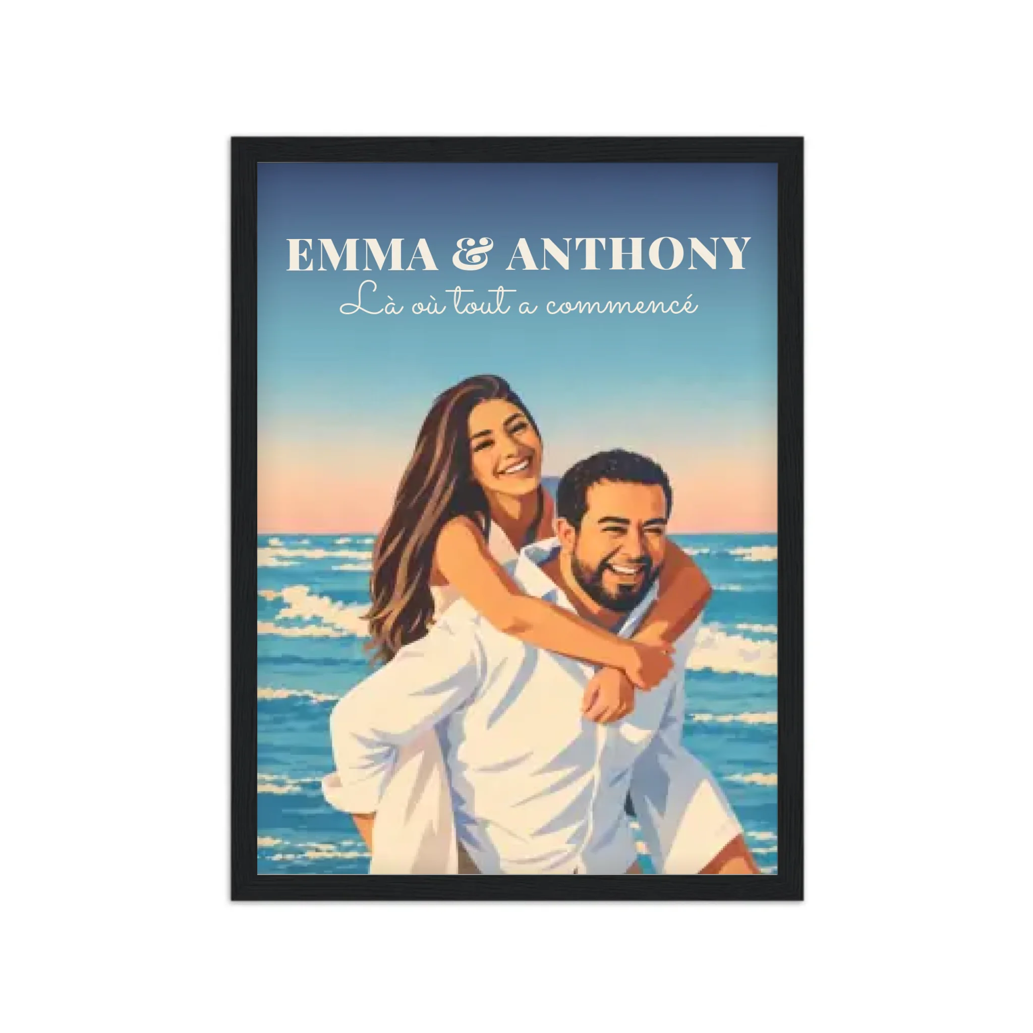 Affiche couple illustrée néo-vintage personnalisée, cadre noir A3