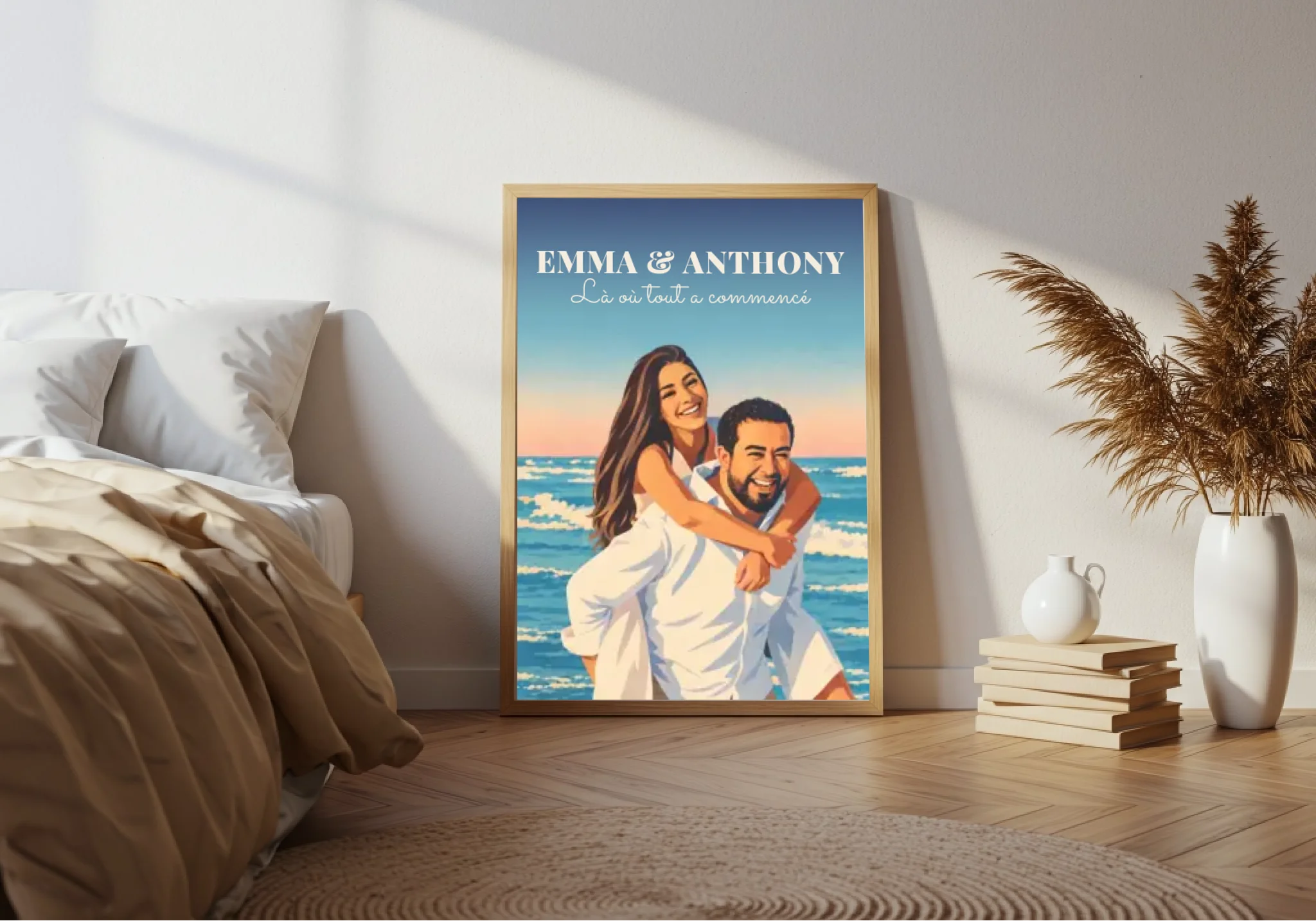 Affiche couple néo-vintage en cadre bois 50x70 dans un intérieur
