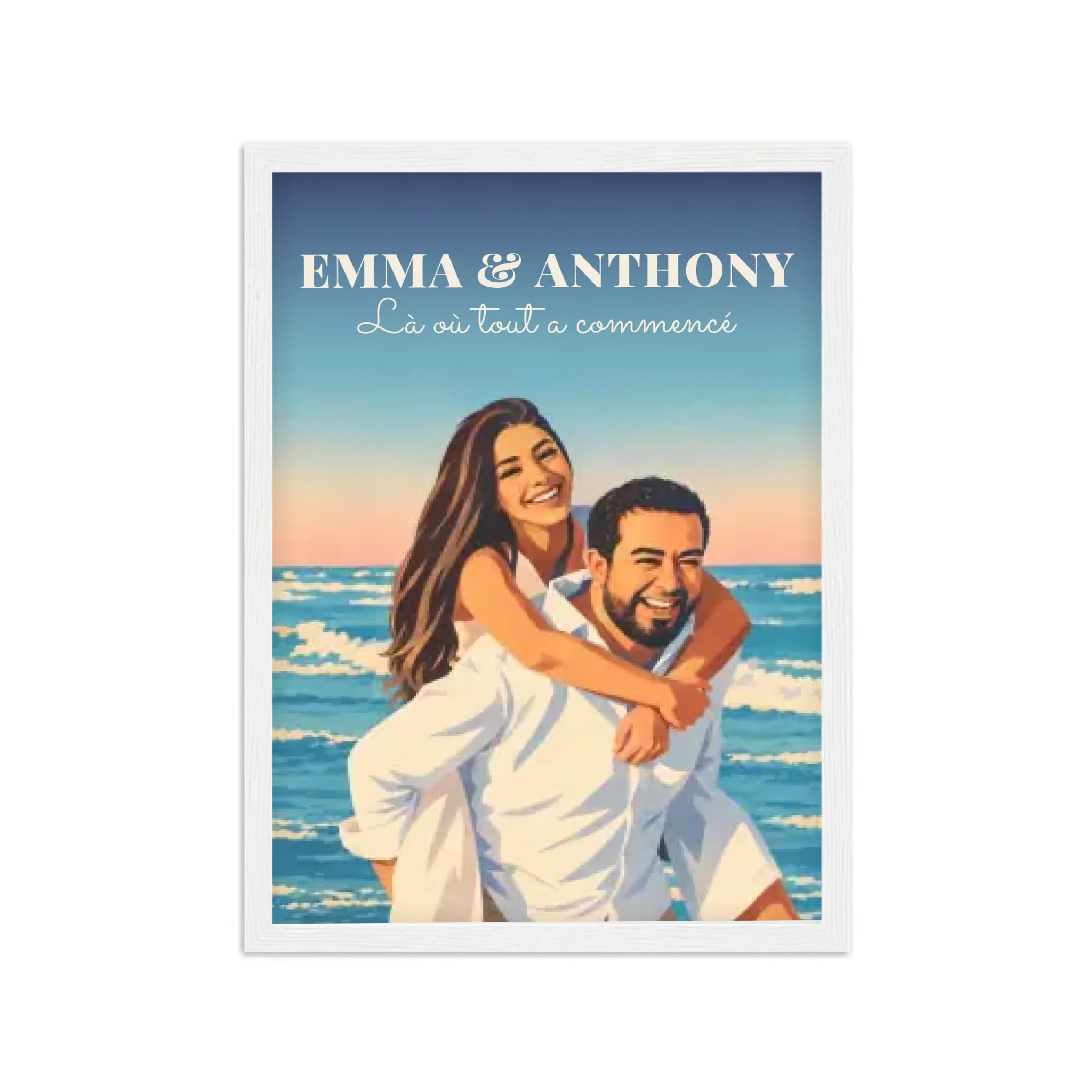 Affiche couple illustrée néo-vintage personnalisée, cadre blanc 50x70