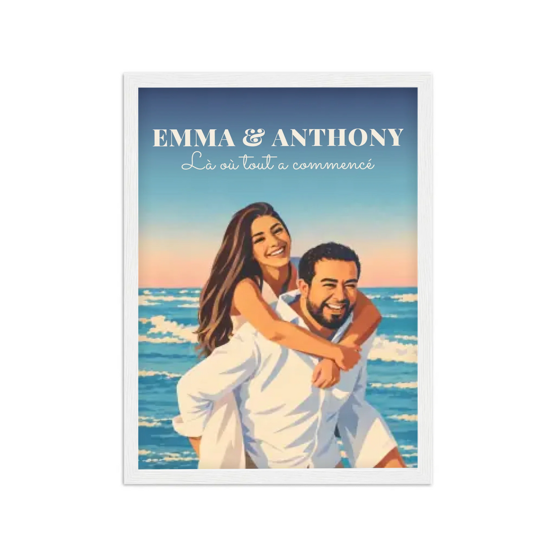 Affiche couple illustrée néo-vintage personnalisée, cadre blanc 50x70