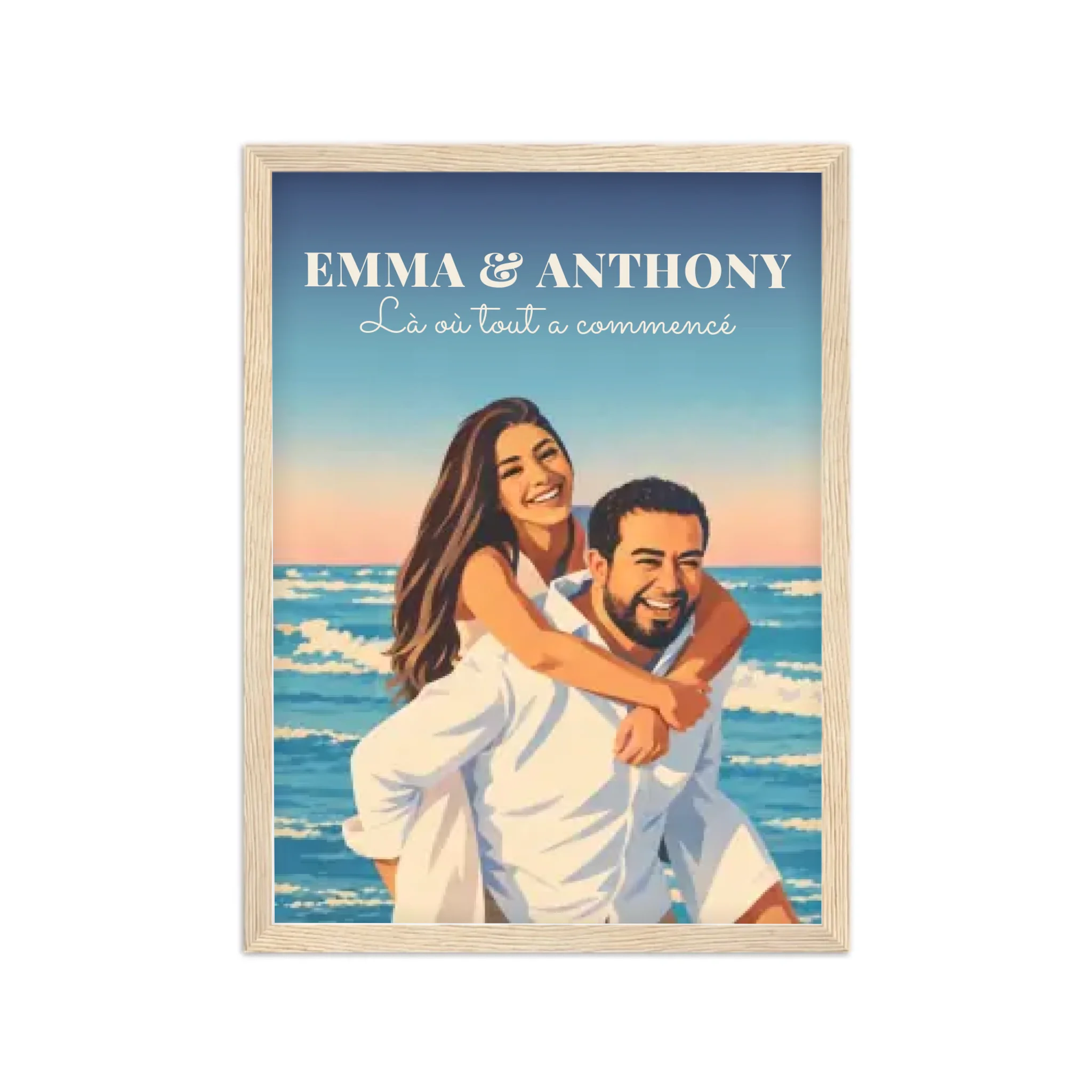 Affiche couple illustrée néo-vintage personnalisée, cadre bois 50x70