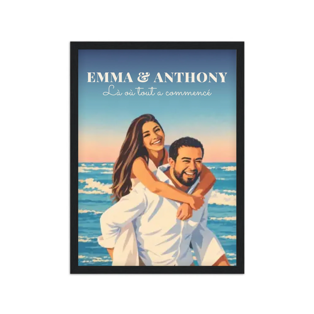 Affiche couple illustrée néo-vintage personnalisée, cadre noir 50x70